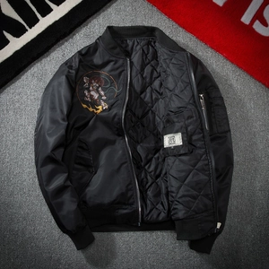 Detailed macro view of MA-1 bomber jacket with inner diamond quilting and embroidery
