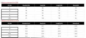 Guide des tailles pour veste en cuir PU pour femme avec mesures en CM et en pouces