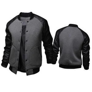 Front and back views of gray baseball jacket with black leather sleeves and snap buttons