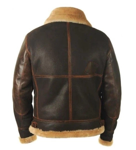 Rear view detail of B3 bomber jacket showing distressed leather and reinforced cross stitching