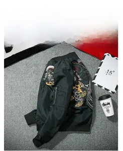 Detail of Sukajan bomber jacket featuring intricate Japanese embroidery on black fabric