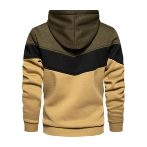 Detail view of men's tri-color hoodie back featuring military green and khaki stitching