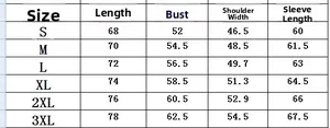 Detailed size chart for men's patchwork jacket with measurements from size S to 3XL
