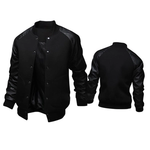 Detail of men's bomber jacket with black matte body and faux leather sleeves