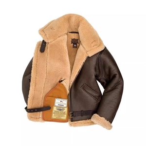 Classic B-3 faux suede flight jacket with thick cream shearling lining and large lapels