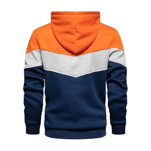 Rear view of tricolor hooded sweatshirt with orange, grey and navy blue panels