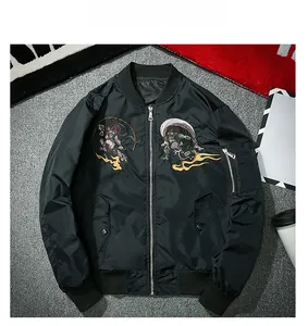 Detail of embroidered Japanese gods pattern on a black satin MA-1 bomber jacket