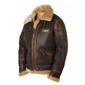 Men Vintage B3 Aviator Jacket Distressed PU Leather Thick Faux Shearling Lined Warm Winter Coat Military Style Outwear