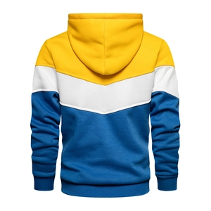 Back view of patchwork color block hoodie featuring V-shaped yellow white blue panels