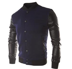 Navy blue men's baseball jacket with black leather sleeves and ribbed cuffs