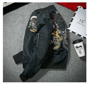 Detailed close-up of intricate Japanese embroidery on black MA-1 bomber jacket back
