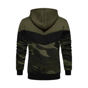 Detailed back view of men's hooded sweatshirt with camo print and patchwork panels