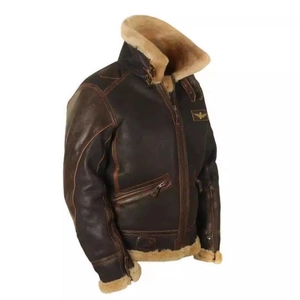 Men's dark brown aviator jacket with thick sheepskin lining and golden eagle badge