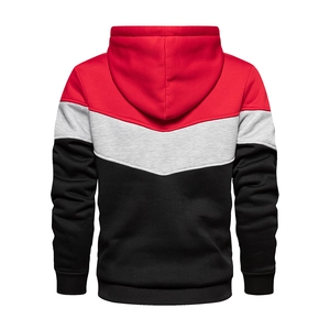 Detailed back view of men's color-block camo hoodie with red grey black V-shaped stitching