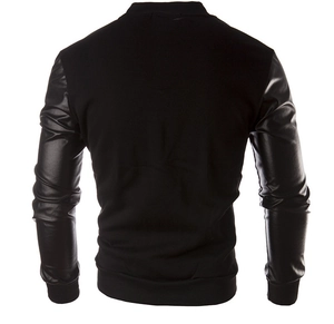 Rear view of black mixed-material bomber jacket featuring matte body and PU leather sleeves