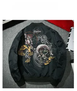 Detailed back embroidery of Raijin and Fujin gods on black MA-1 bomber jacket