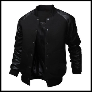 Front view of black varsity jacket with faux leather sleeves and silver metal buttons