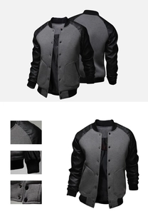 Detail of wool-like grey body and black PU leather sleeves on a baseball jacket
