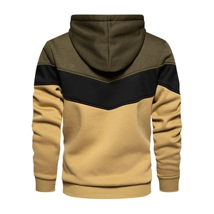 Detail view of the tricolor V-shape patchwork back design on a men's fleece hoodie