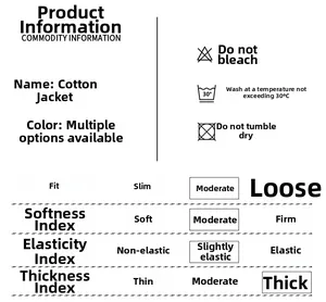 Detailed parameter chart for men's padded jacket showing thick fit and fabric softness