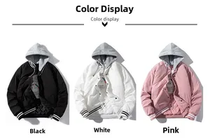 Quilted lining and striped ribbed cuffs of a varsity hooded bomber jacket for men