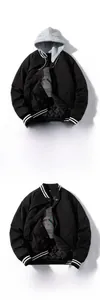 Detail of black bomber jacket featuring quilted padded lining and ribbed striped cuffs