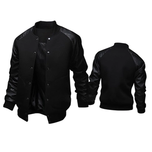 Classic men black varsity jacket featuring leather sleeves and silver snap buttons