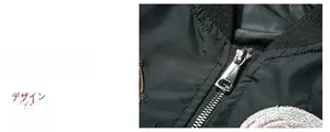 Detail of silver metal zipper and fabric texture on black MA-1 pilot bomber jacket