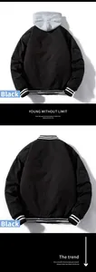 Detail view of black bomber jacket back with striped ribbed cuffs and hooded design
