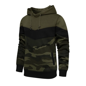 Detail of hooded sweatshirt with camouflage pattern and olive green color stitching