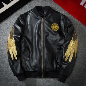 Blouson bomber hip hop en similicuir noir avec broderie d'ailes dorées pour hommes et femmes