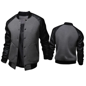 Men's Casual British Style Varsity Jacket Cotton Blend Body With Contrast PU Leather Sleeves Snap Button Baseball Jacket
