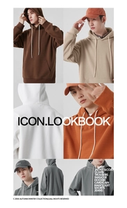 Lookbook détaillé de sweats à capuche en coton épais en marron, kaki et gris