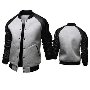 Men's color block varsity jacket with grey body and black PU leather sleeves front and back