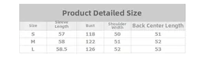 Detailed size chart for women's loose faux leather jacket with S, M, L measurements in cm