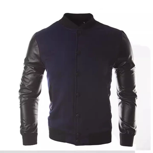 Men's navy and black color-block bomber jacket with leather sleeves and ribbed trim