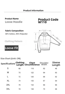 Guide des tailles détaillé pour sweat à capuche ample homme du S au 3XL en coton