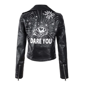 Veste motard noire en similicuir pour femme avec imprimé œil et texte DARE YOU au dos