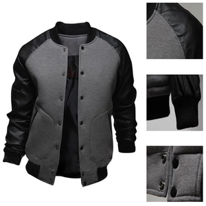 Men's grey knit and black leather sleeve baseball jacket with contrast snap buttons