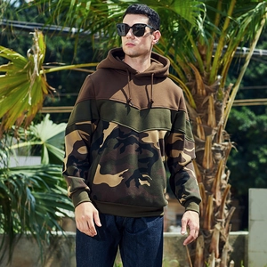 Mens Color Block Hooded Hoodie Polyester Cotton Blend V Shaped Stitching Camouflage Pullover Sweatshirt For Casual Streetwear
