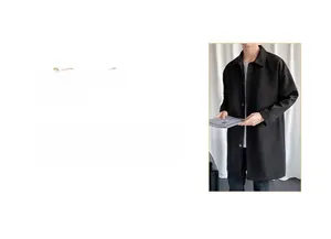 Detail view of men's black mid-length trench coat with classic collar and buttons