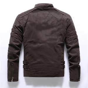 Dunkelbraune Slim Fit Herren Motorradjacke aus Kunstleder mit gesteppten Ärmeln
