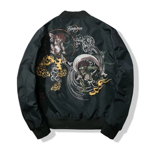 Men Sukajan Japanese Style MA-1 Bomber Jacket Heavy Embroidery Fujin Raijin Windproof Flight Jacket For Casual Outdoor Streetwear