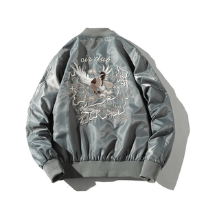 Men's grey satin souvenir jacket featuring detailed eagle embroidery and air club map