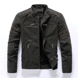 Herren Slim Fit Motorradjacke aus Kunstleder mit Stehkragen und roten Akzenten in Olivgrün