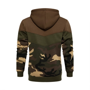 Rear view detail of hooded sweatshirt featuring woodland camouflage and green ribbed cuffs