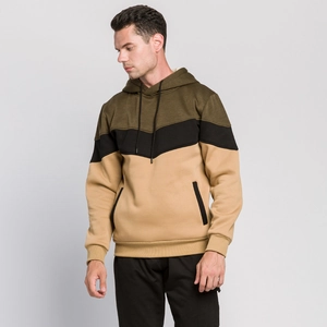Men's tri-color hooded sweatshirt in green black and khaki camouflage block design