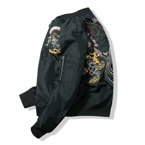 Black Sukajan bomber jacket featuring detailed Japanese embroidery and satin finish
