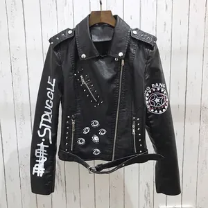 Veste de moto en similicuir noir pour femme avec rivets, imprimés yeux et patchs étoile
