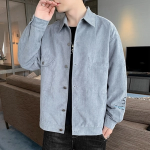 Men's light blue corduroy lapel jacket with front pockets and sleeve embroidery detail